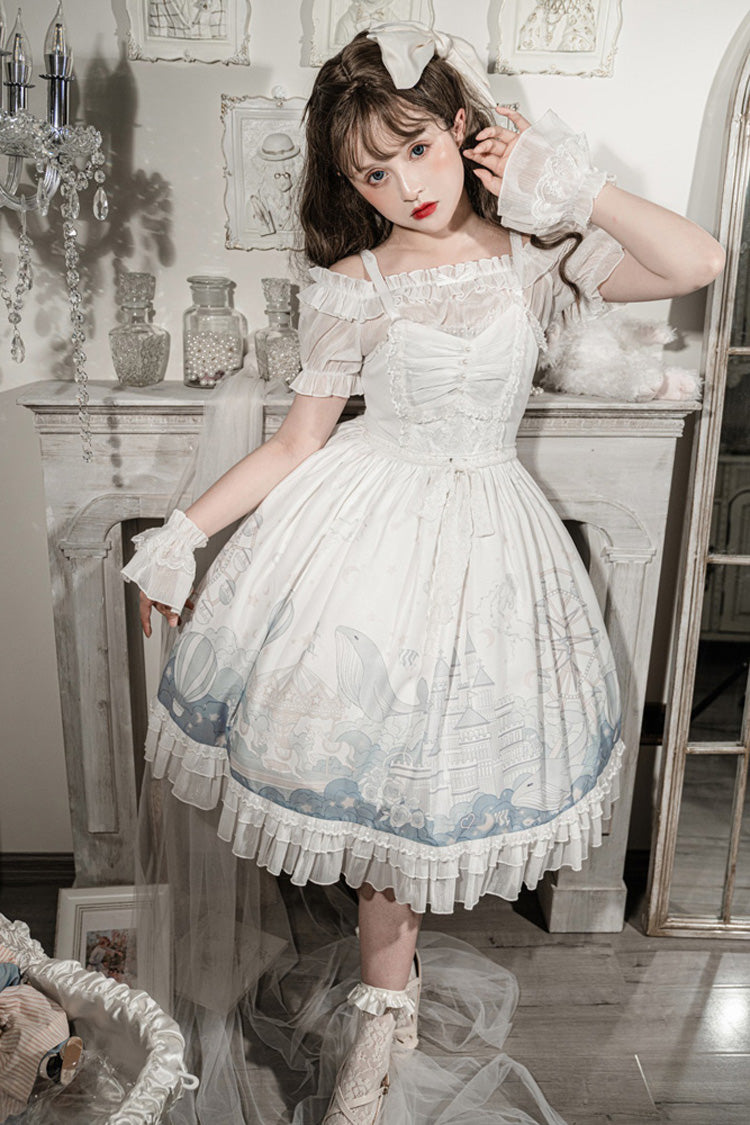White Ruffle Short Sleeves Whale Paradise Print Sweet Lolita Dress Set