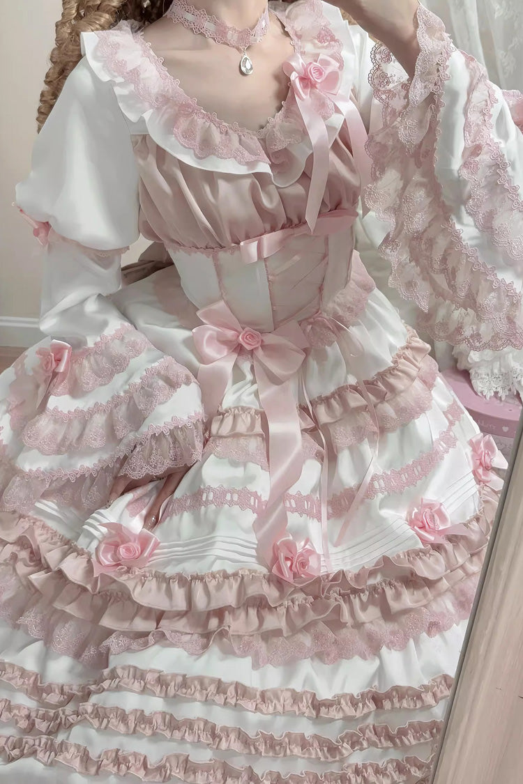 White/Pink Layered Peach Ice Short Sleeves Ruffle Bowknot Lace Sweet Lolita Dress