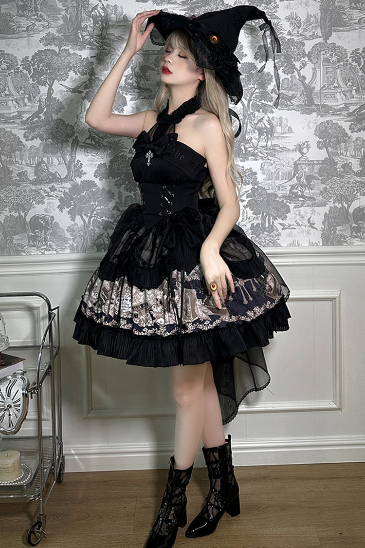 Black The Mystery of The Doll Halterneck Print Ruffle Bowknot Drawstring Gothic Lolita Dress