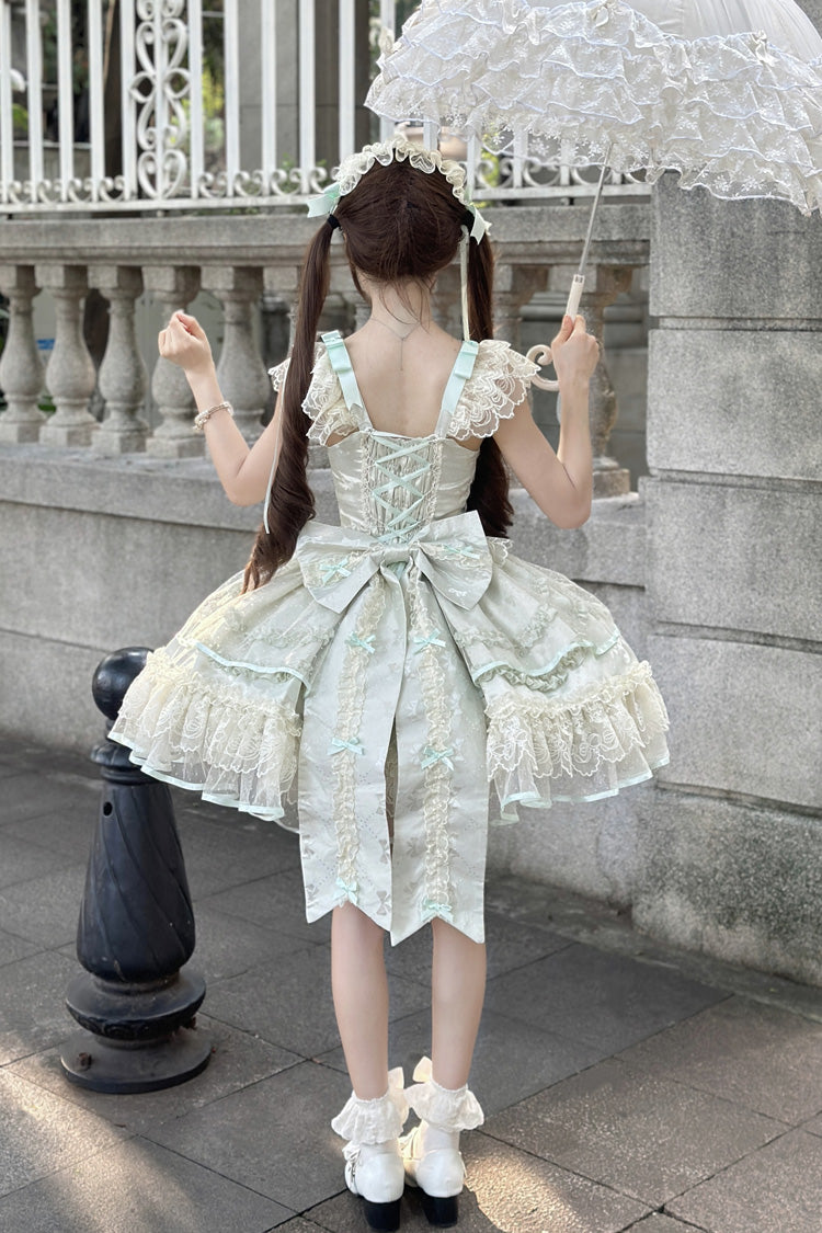Light Green Dreaming Butterfly Multi-Layered Jacquard Ruffle Bowknot Lace Sweet Princess Lolita Jsk Dress