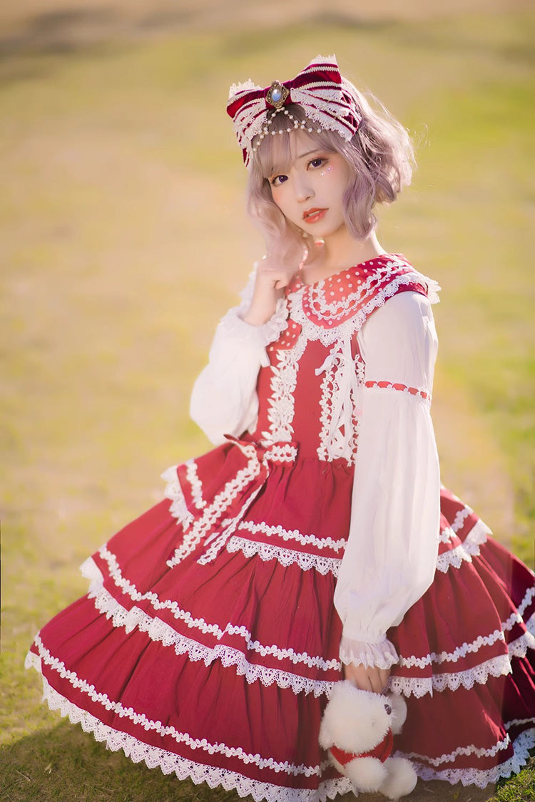 Red/White Three-section Cake Sleeveless Ribbon Sweet Lolita Tiered Dress