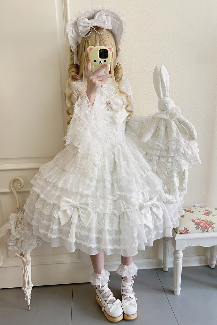 White Dream Prologue Doll Multi-Layered Bowknot Lace Sweet Princess Lolita Dress