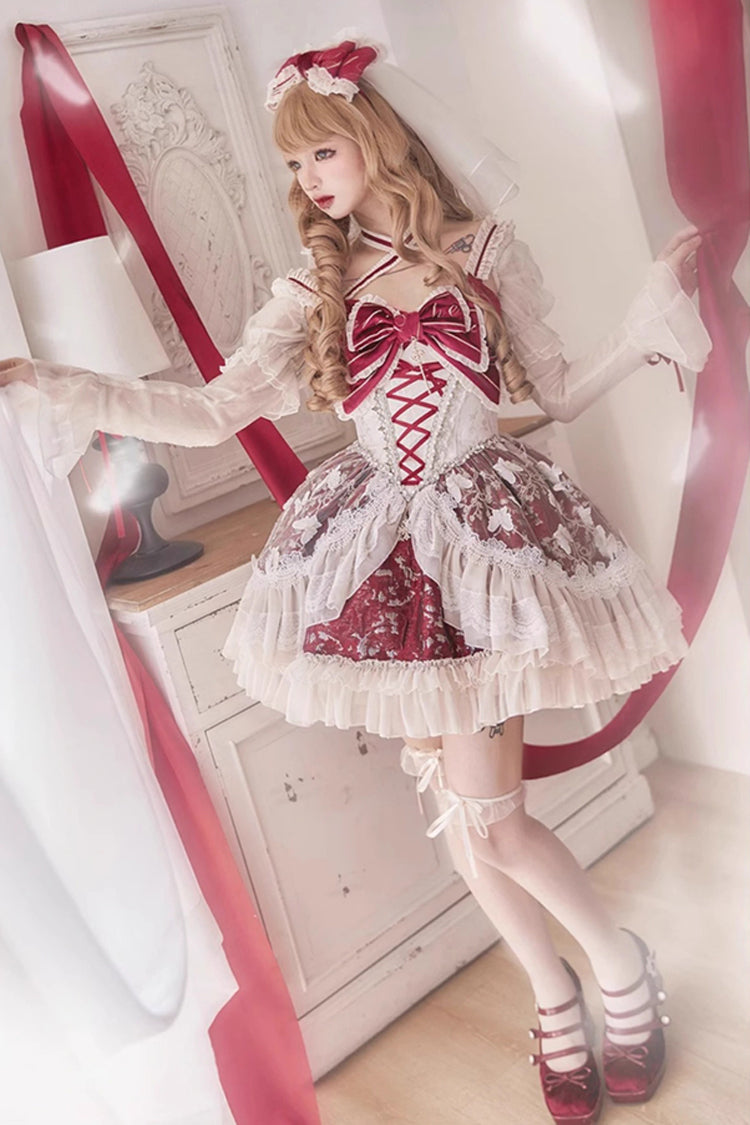 Red Lilibet Print Ruffle Cardigan Bowknot Lace Fishbone Sweet Lolita Dress