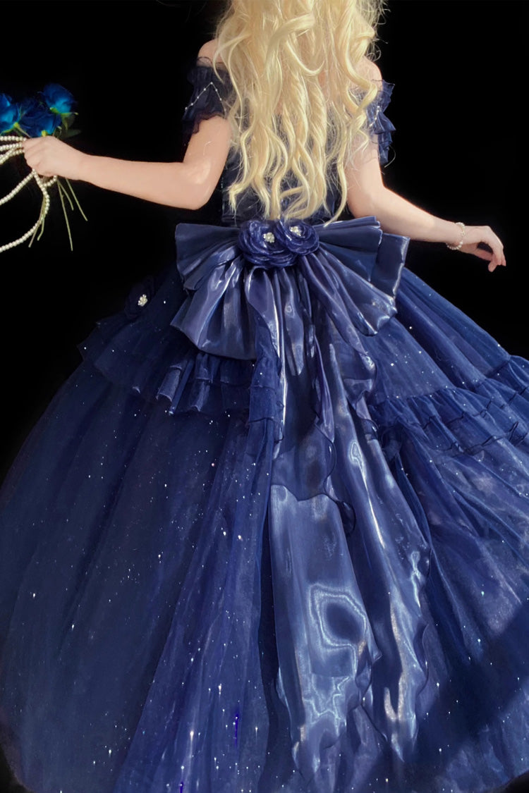 Blue Bright Stars Off Shoulder Ruffle Bowknot Asymmetric Sweet Elegant Princess Lolita Dress