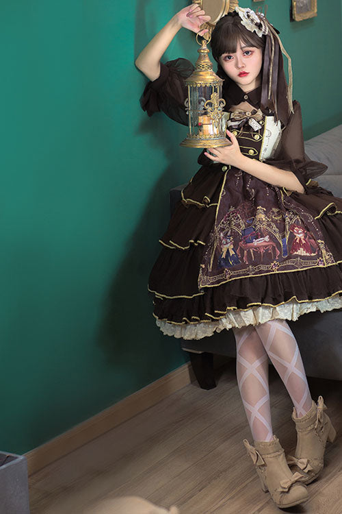 Dark Brown Japanese Country Style Alchemist Theme Bowknot Multi-Layer Ruffled Classic Lolita JSK Dress
