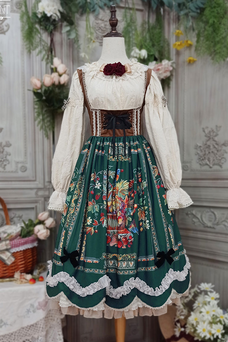 Green Ode to Plenty Berries and Birds Print Ruffle Bowknot Velvet Classic Lolita Breast Support Jsk Dress