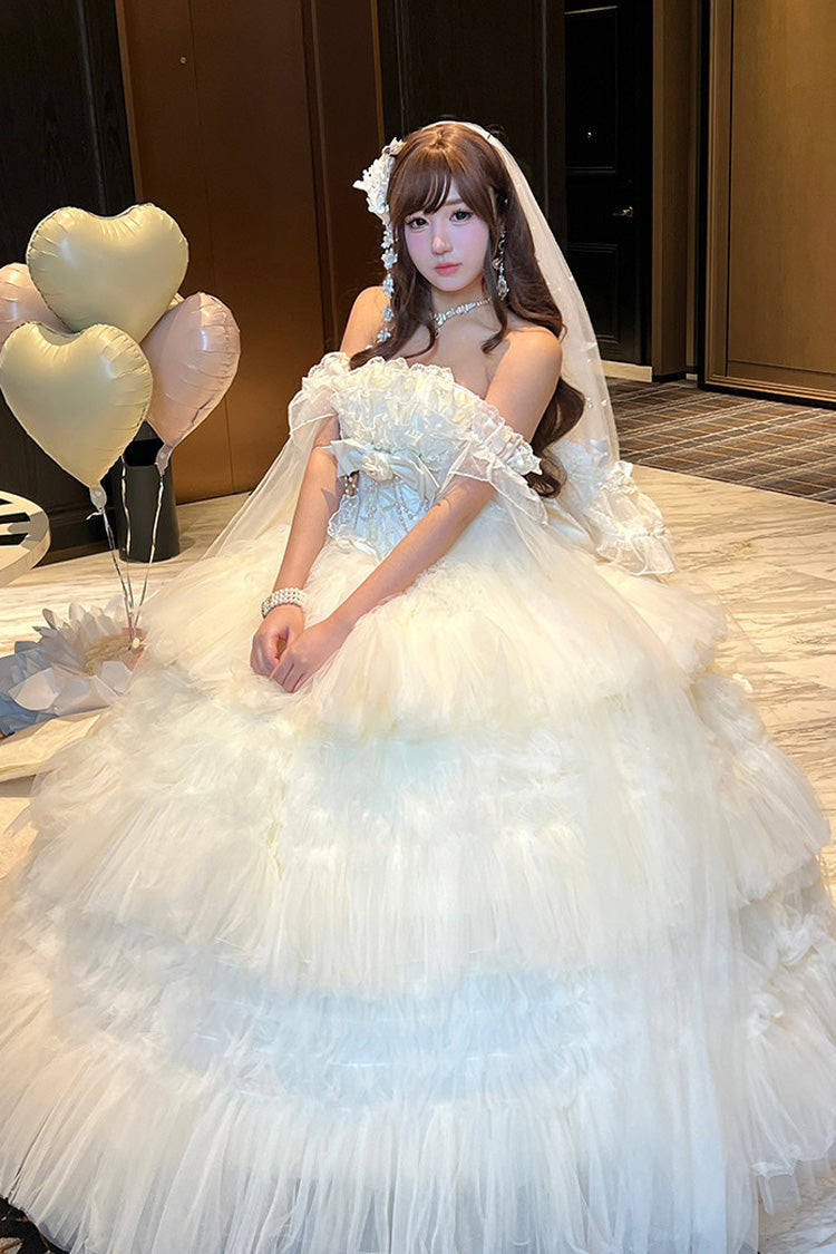 White Maiden's Love Off Shoulder Triple-Layered Ruffled Hanayome Bow Lace Sweet Princess Lolita Dress