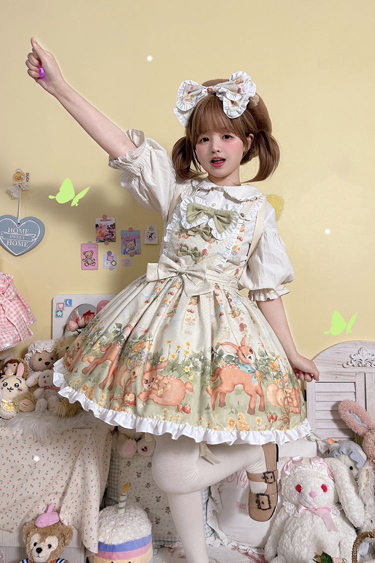Multi-Color Little Deer Gathering Sleeveless Print Ruffle Bowknot Daily Sweet Lolita Strap Dress