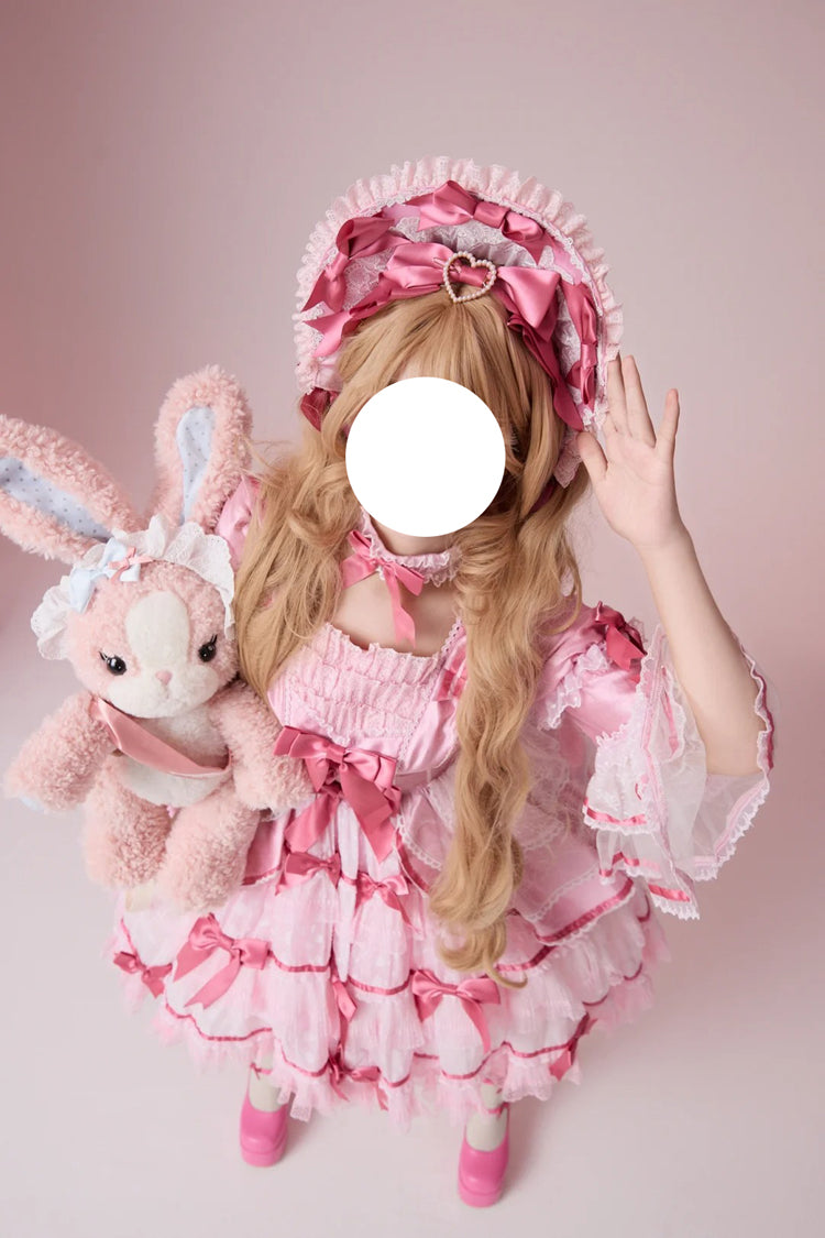 Pink Velvet Cake Long Trumpet Sleeves Multi-Layered Ruffle Bowknot Lace Sweet Lolita Dress