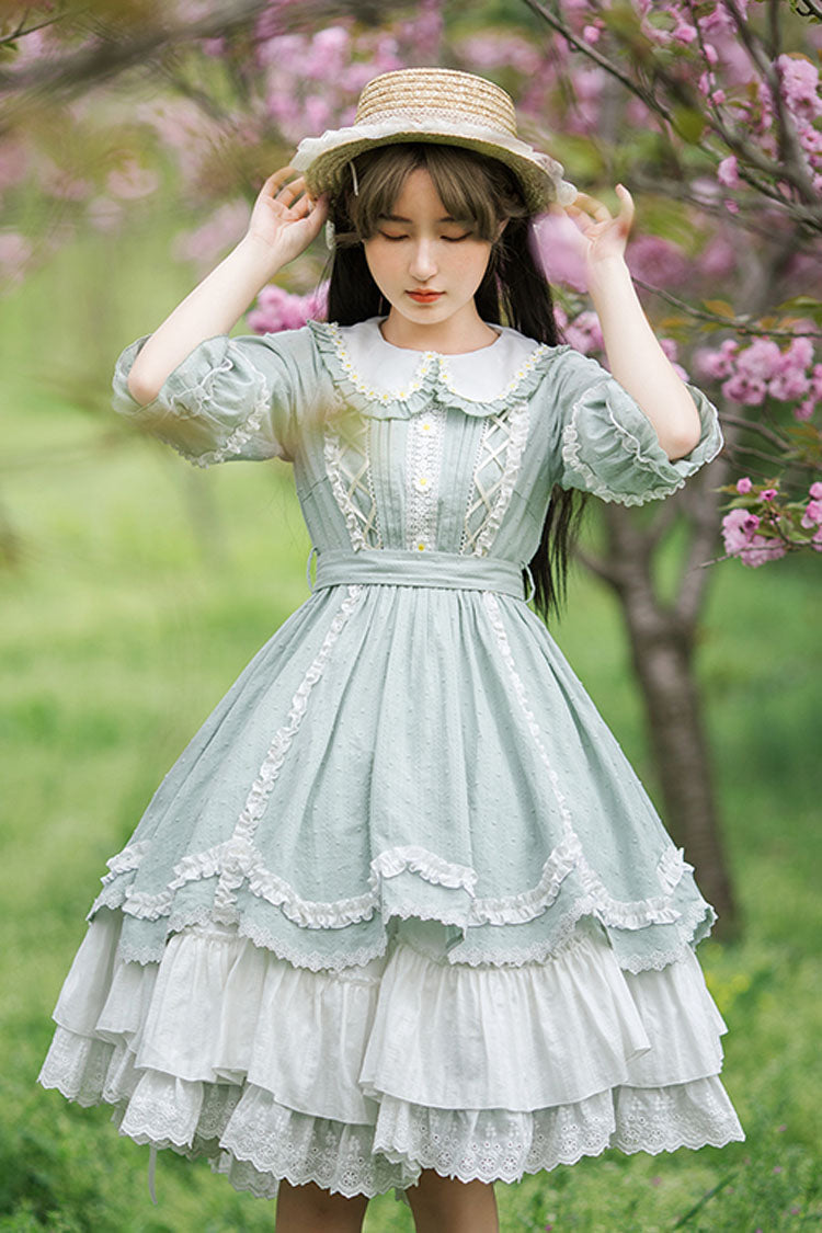 Green Doll Collar Lantern Half Sleeves Lace Ruffled Sweet Lolita Op Tiered Dress (Apron is included)