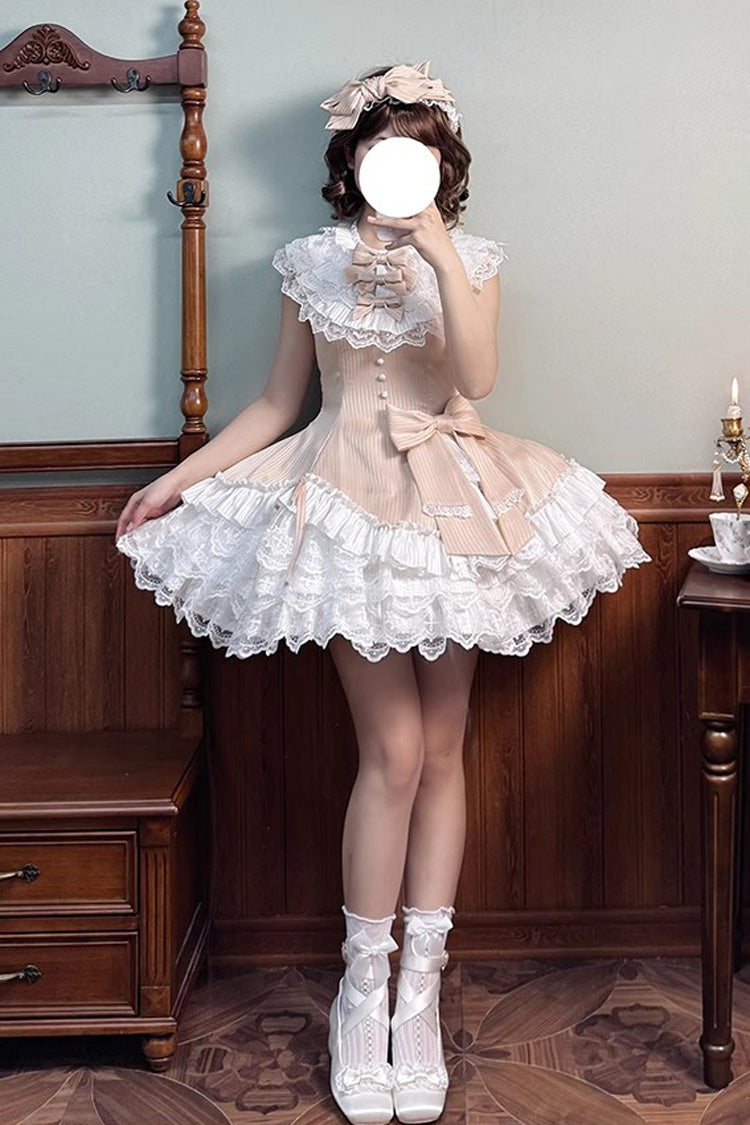 Champagne Miss Tsundere Sleeveless Multi-Layered Ruffle Bowknot Lace Asymmetric Sweet Princess Lolita Dress