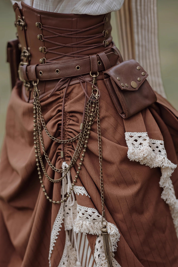 White/Brown Victorian Style Triple-Layered Striped Print Ruffle Classic Vintage Lolita Basil Skirt