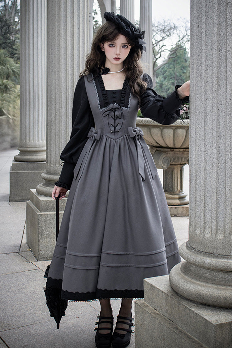 Grey Mist Chronicle Square Collar Long Sleeves Bowknot Lace-Up Color-Block Fake Two Pieces Classic Lolita Dress