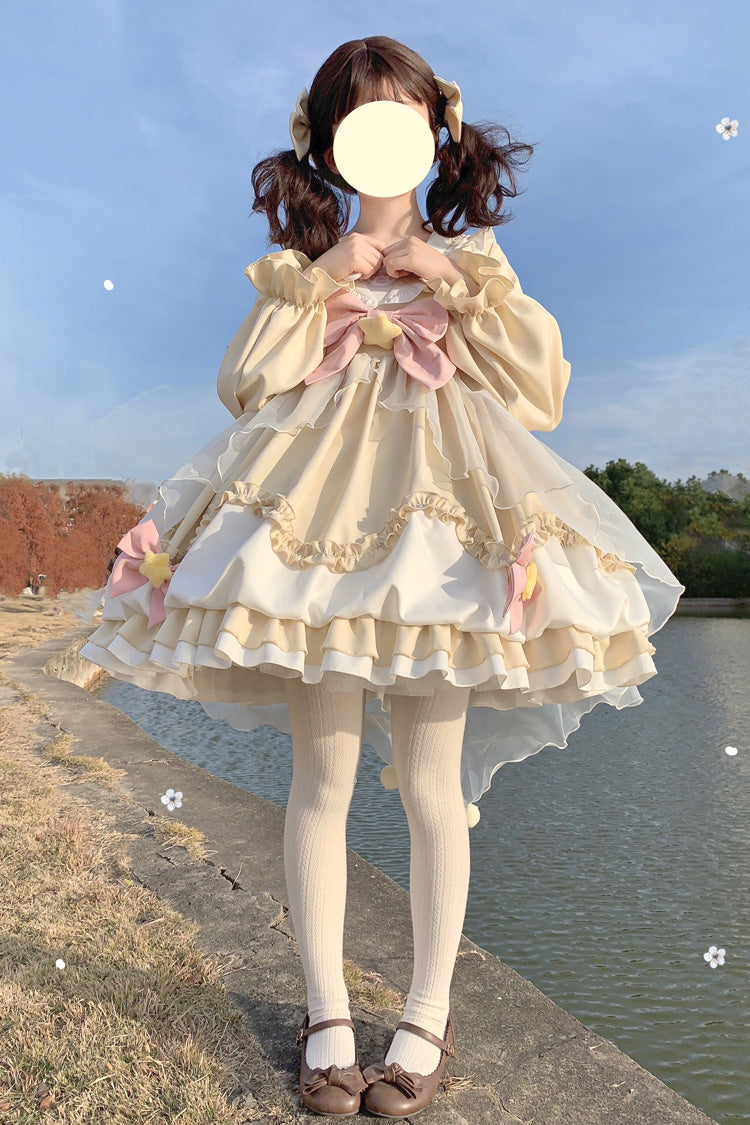 Pray Star Long Sleeves Double-Layered Ruffle Bowknot Stitching Lace Sweet Lolita Dress 5 Colors