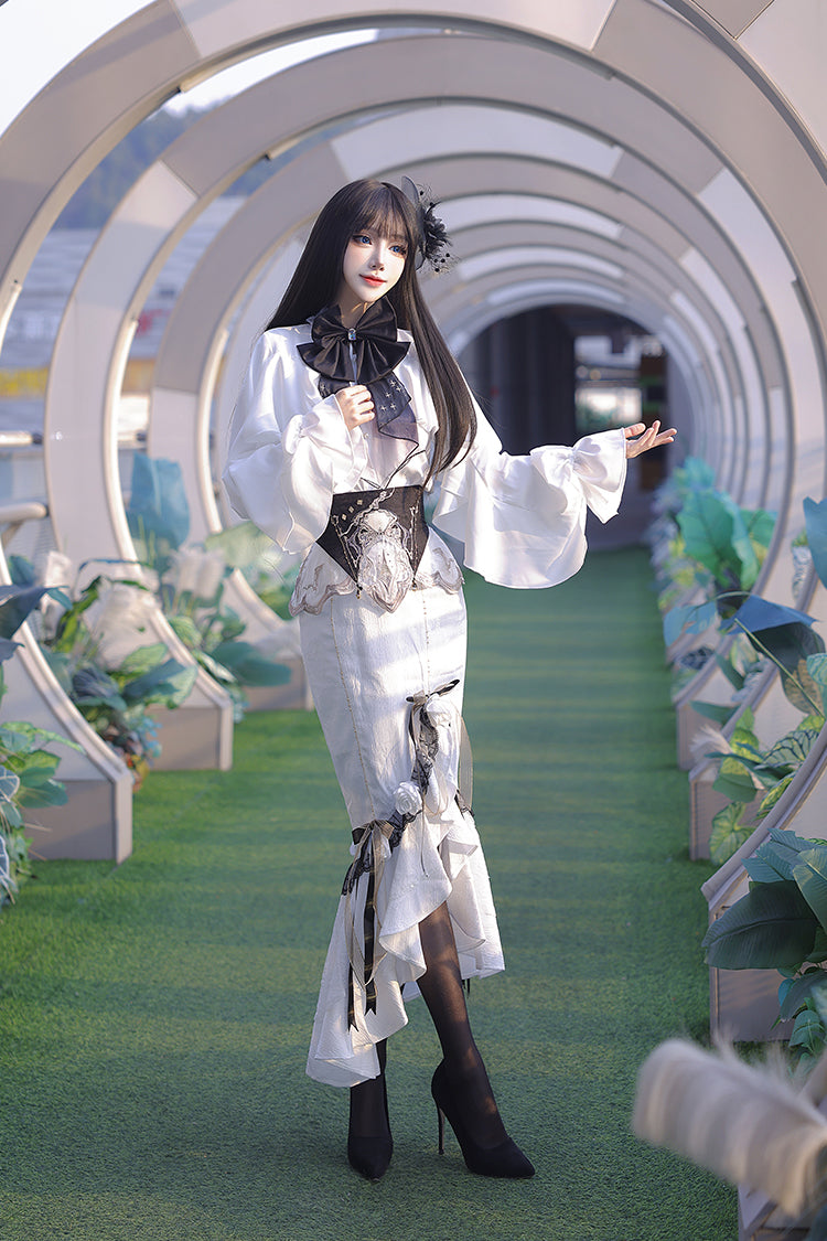 White Star Gate Jacquard Embroidery Bowknot Irregular Sweet Elegant Princess Lolita Skirt