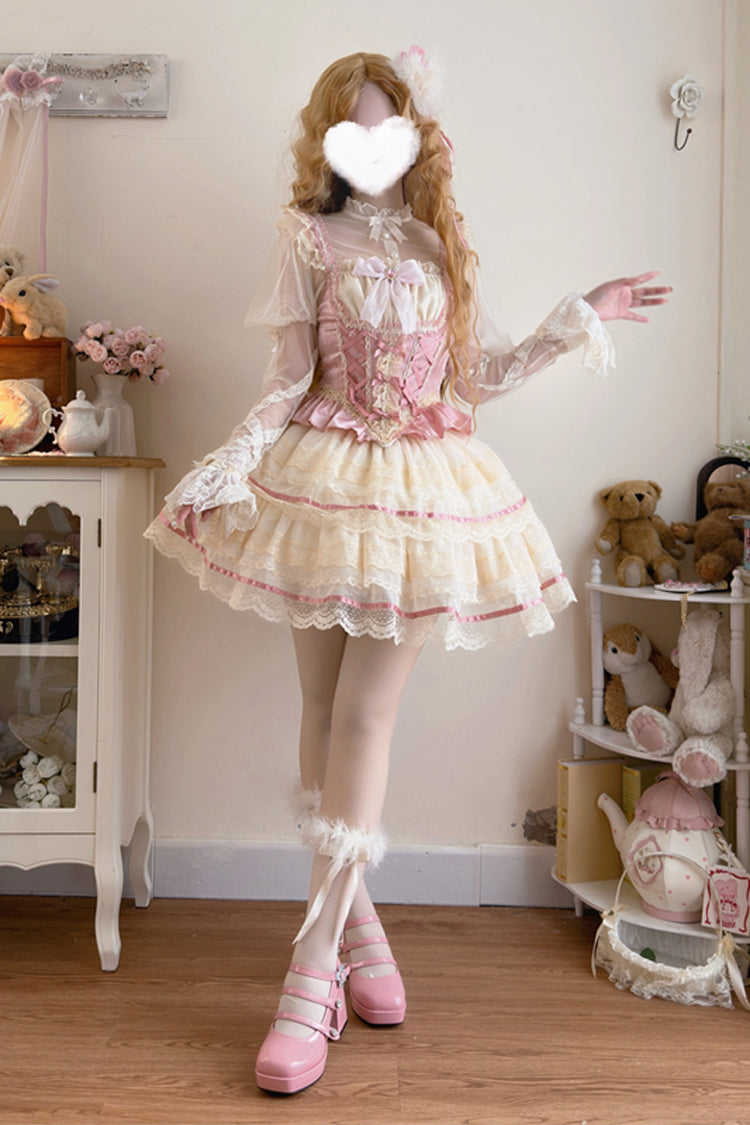 Pink Girl Love Double-Layered Bowknot Lace Sweet Ballet Lolita Skirt Set