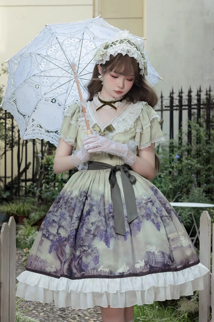 Multi-Color Short Sleeves Vineyard Print Ruffle Bowknot Sweet Princess Lolita Dress