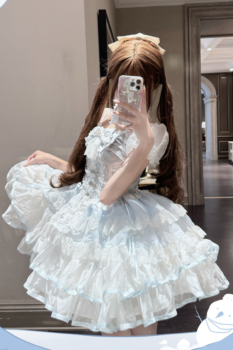 White/Blue Ice Dance Short Sleeves Multi-Layered Ruffle Embroidery Bowknot Lace Sweet Lolita Dress