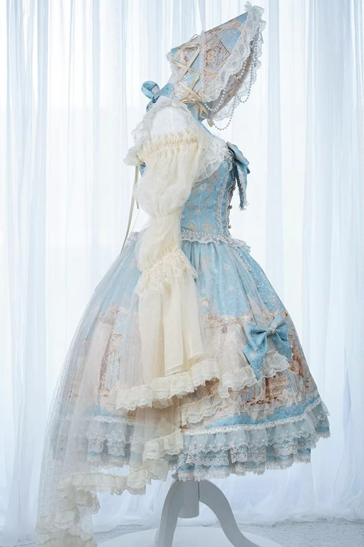 Blue Unicorn Print Sleeveless Multi-Layered Embroidery Bowknot Lace Sweet Lolita Jsk Dress