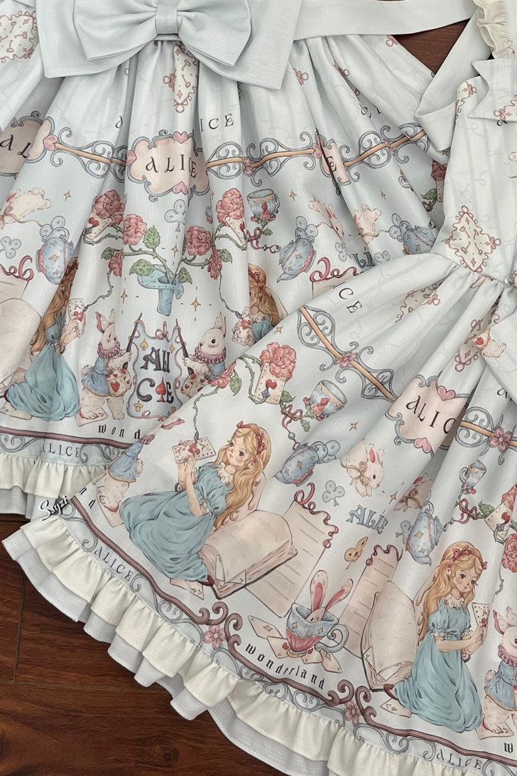 Light Blue The Princess's Magical Diary Printed Short Sleeves Ruffled Bow Sweet Princess Lolita Dress