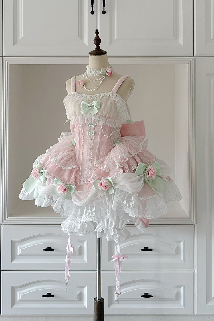 Pink Honey Rose Sleeveless Ruffle Embroidery Bowknot Lace Pearl Sweet Lolita Jsk Dress