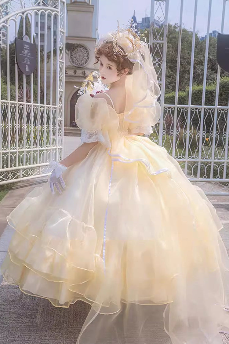 Yellow Off Shoulder Short Sleeves Triple-Layered Ruffle Hanayome Bowknot Lace Sweet Plus Size Lolita Dress