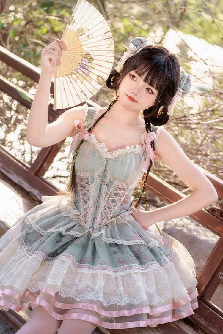 Green Waltz Multi-layer Print Ruffle Bowknot Sweet Chinese Style Elegant Lolita Jsk Dress