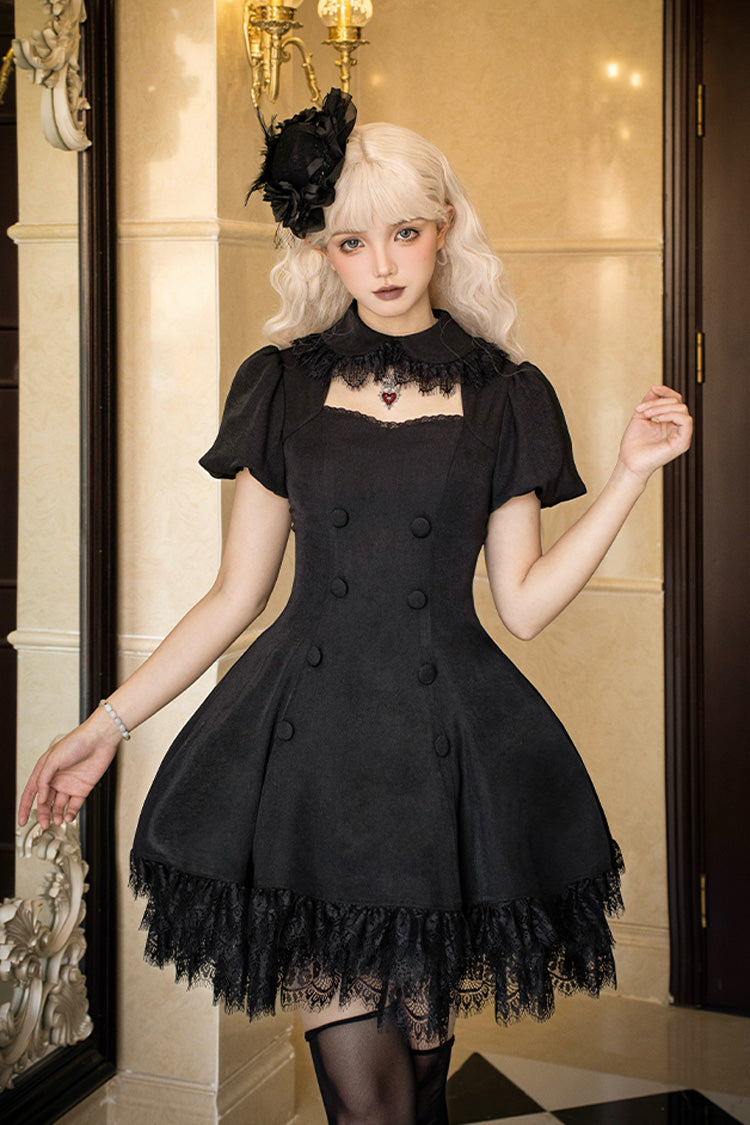 Black Midnight Whisper Double-breasted Short Sleeves Hollow Gothic Lolita Dress
