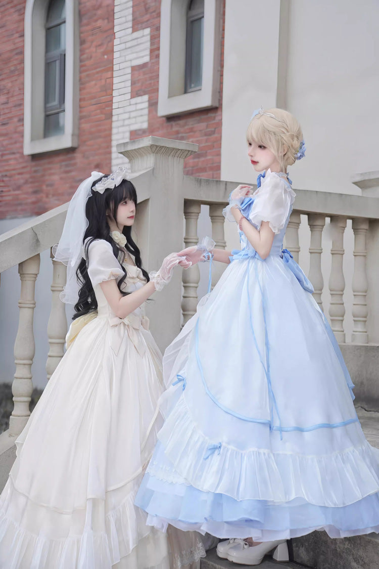 Sweet Short Puff Sleeves Ruffle Hanayome Cardigan Bowknot Princess Gorgeous Lolita Dress 2 Colors