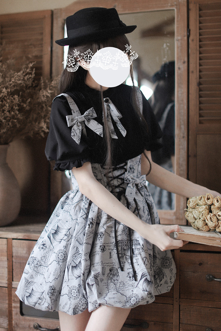 Grey Elise Print Bowknot Lace-Up Sweet Vintage Lolita Skirt