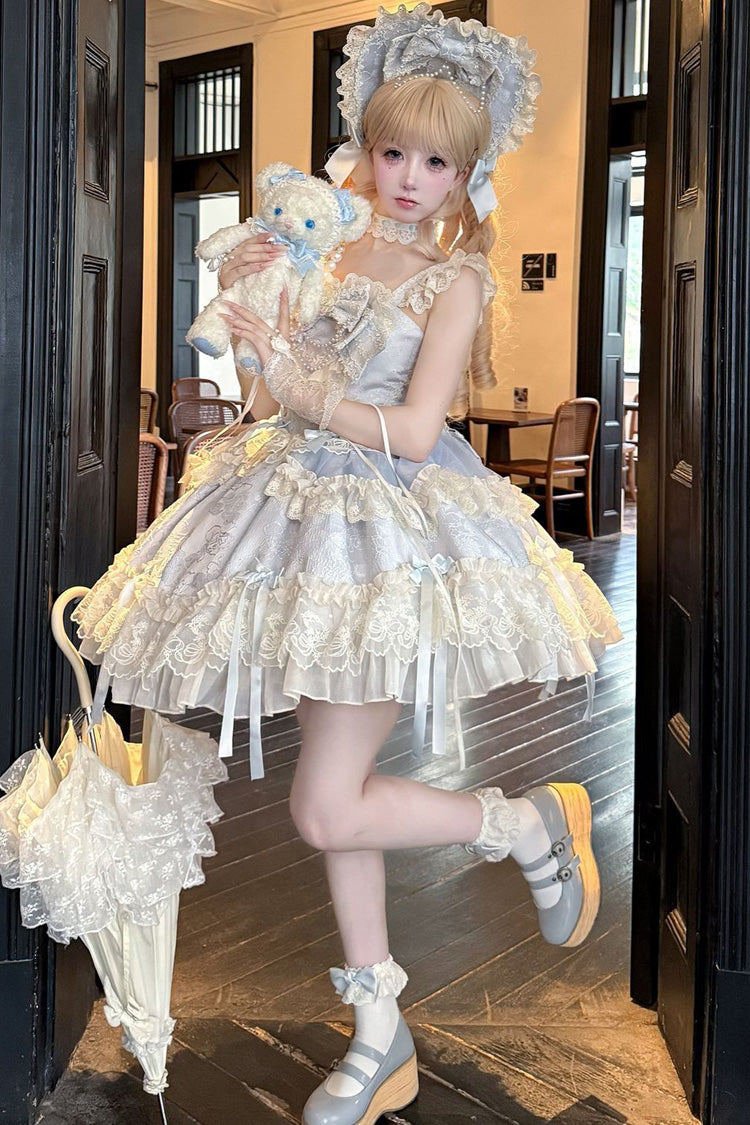 Blue Blossoming Heart Love  Sleeveless Dark Jacquard Print Bowknot Lace Sweet Lolita Jsk Dress