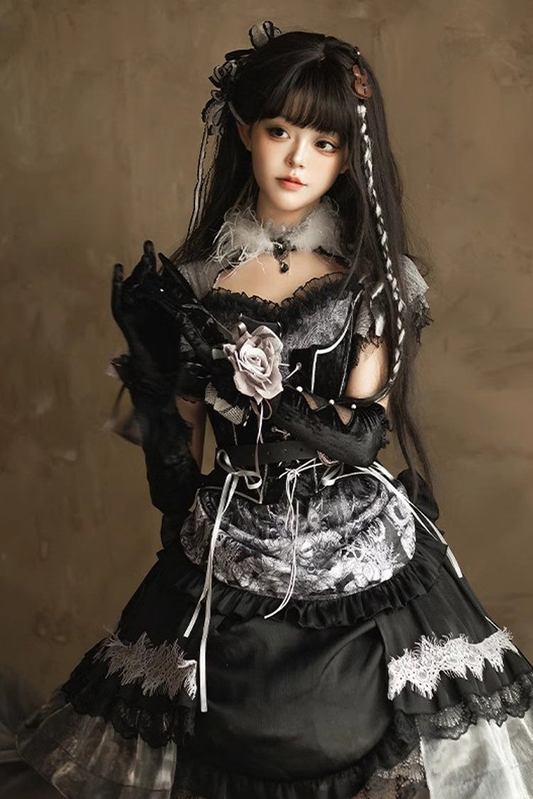 Black Dark Night Rose Short Sleeves Print Ruffle Bowknot Lace Asymmetric Gothic Lolita Dress