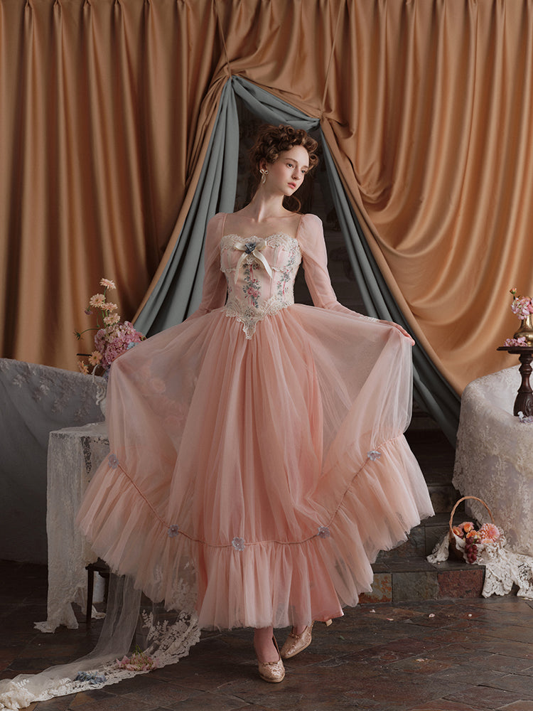 French Lolita Court Mesh Fishbone Pink Princess Dress Big Pendulum Women