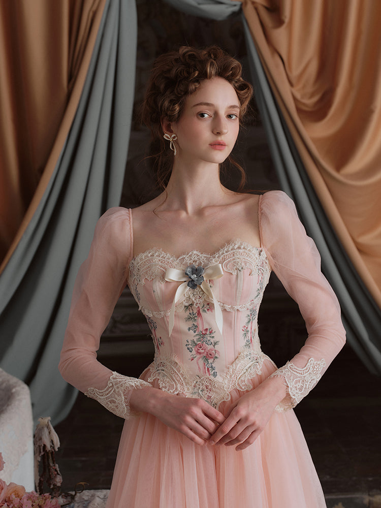 French Lolita Court Mesh Fishbone Pink Princess Dress Big Pendulum Women