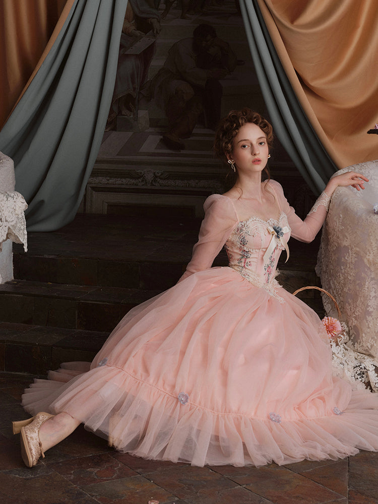 French Lolita Court Mesh Fishbone Pink Princess Dress Big Pendulum Women
