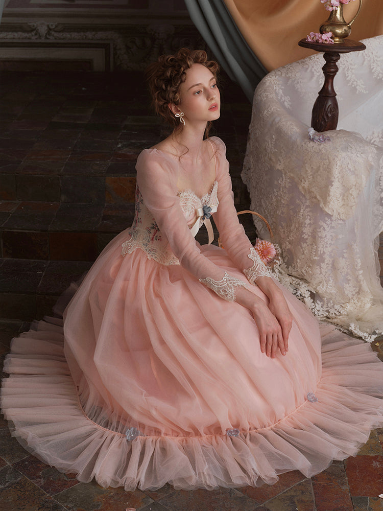 French Lolita Court Mesh Fishbone Pink Princess Dress Big Pendulum Women