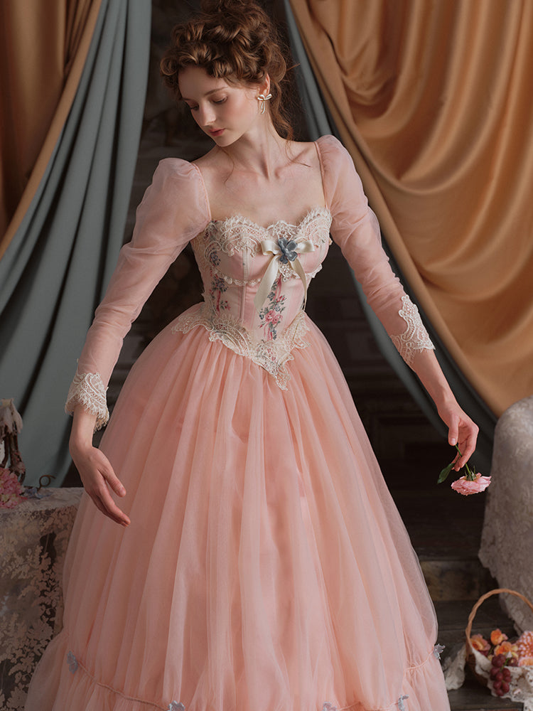 French Lolita Court Mesh Fishbone Pink Princess Dress Big Pendulum Women