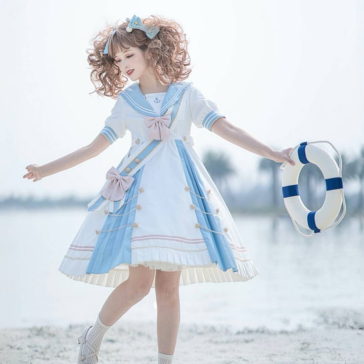 Fresh Lolita Sweet Blue Skirt Navy Collar Bow OP Lolita Dresses Light Blue Navy
