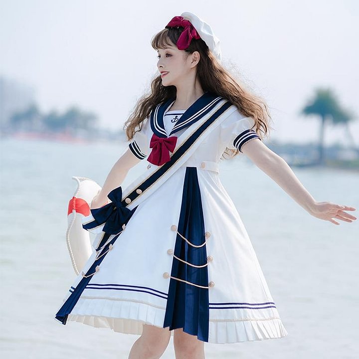 Fresh Lolita Sweet Blue Skirt Navy Collar Bow OP Lolita Dresses Light Blue Navy