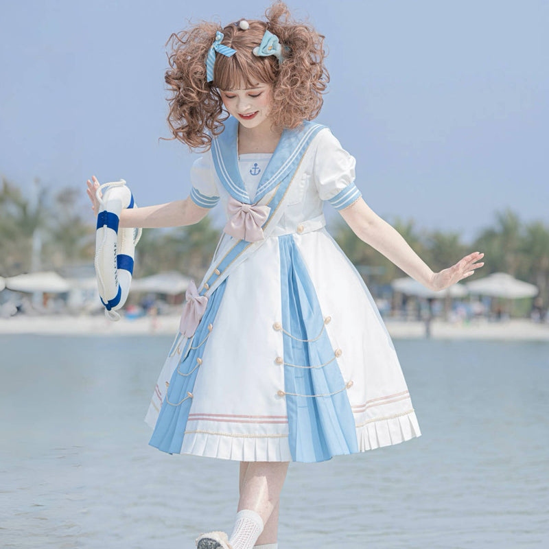 Fresh Lolita Sweet Blue Skirt Navy Collar Bow OP Lolita Dresses Light Blue Navy