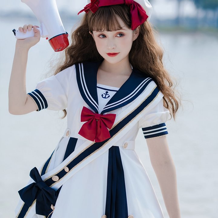 Fresh Lolita Sweet Blue Skirt Navy Collar Bow OP Lolita Dresses Light Blue Navy