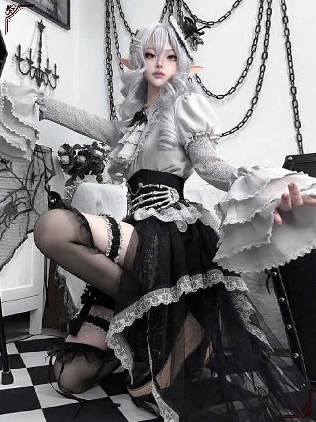 Goth Lolita Asymmetric Hem Dress with Layer Lace Corset Accents Skirt