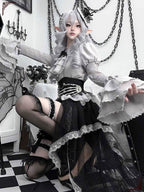 Goth Lolita Asymmetric Hem Dress with Layer Lace Corset Accents Skirt