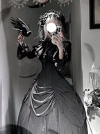 Goth Lolita Black Dark Witch Halloween Autumn Winter Waist-Cinched Plus Size Lolita Dress