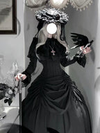 Goth Lolita Black Dark Witch Halloween Autumn Winter Waist-Cinched Plus Size Lolita Dress