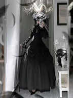 Goth Lolita Black Dark Witch Halloween Autumn Winter Waist-Cinched Plus Size Lolita Dress