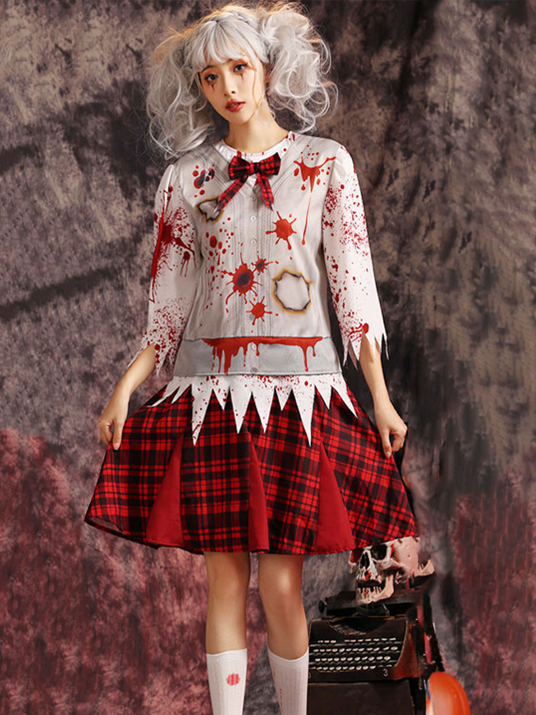 Goth Lolita Black Red Bloody Gothic School Uniform Halloween Cosplay Outfit