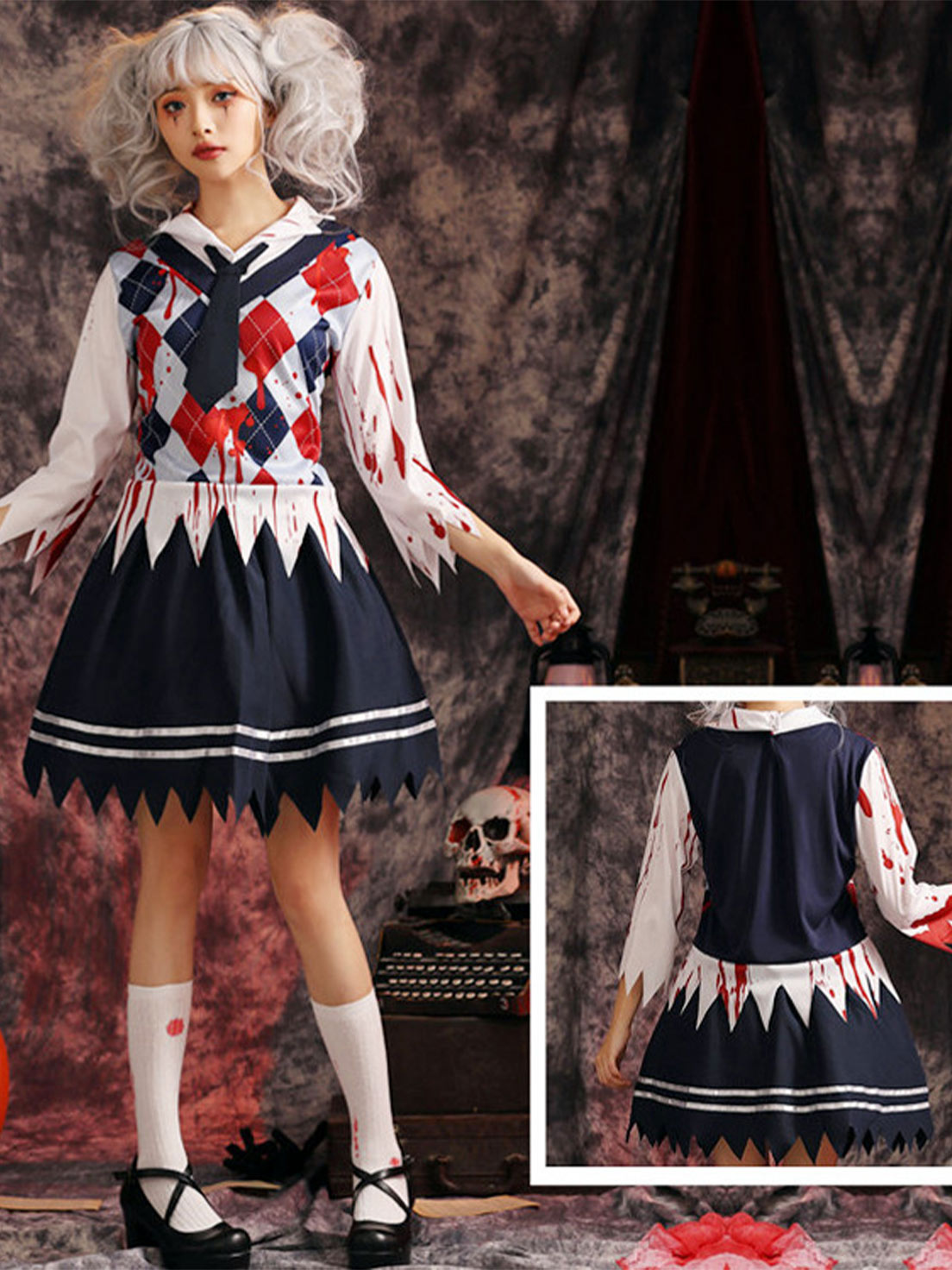 Goth Lolita Black Red Bloody Gothic School Uniform Halloween Cosplay Outfit