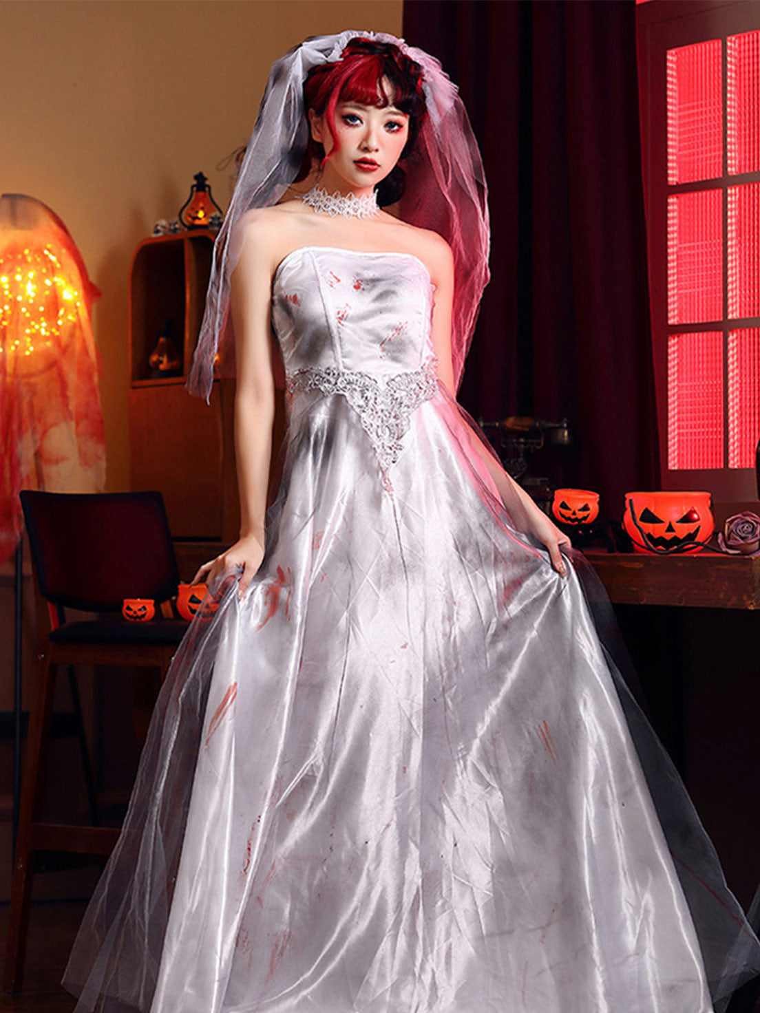 Goth Lolita Bloody Bride White Silver Veil Vampire Halloween Cosplay Dress