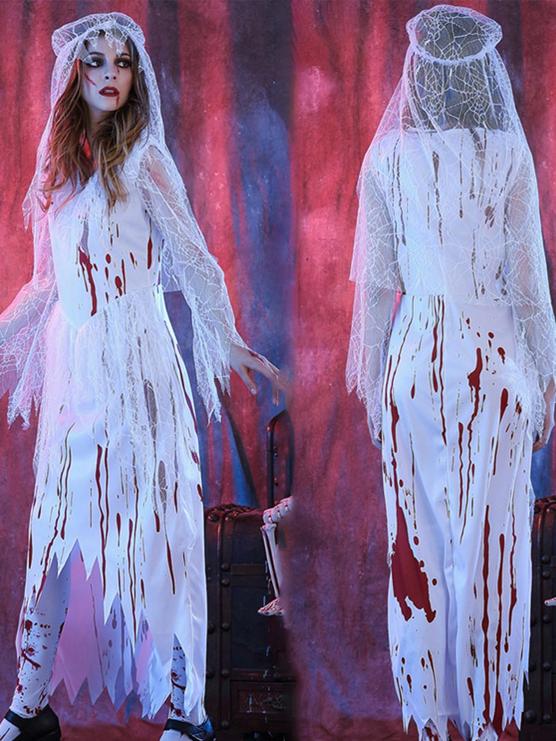 Goth Lolita Bloody Bride White Silver Veil Vampire Halloween Cosplay Dress